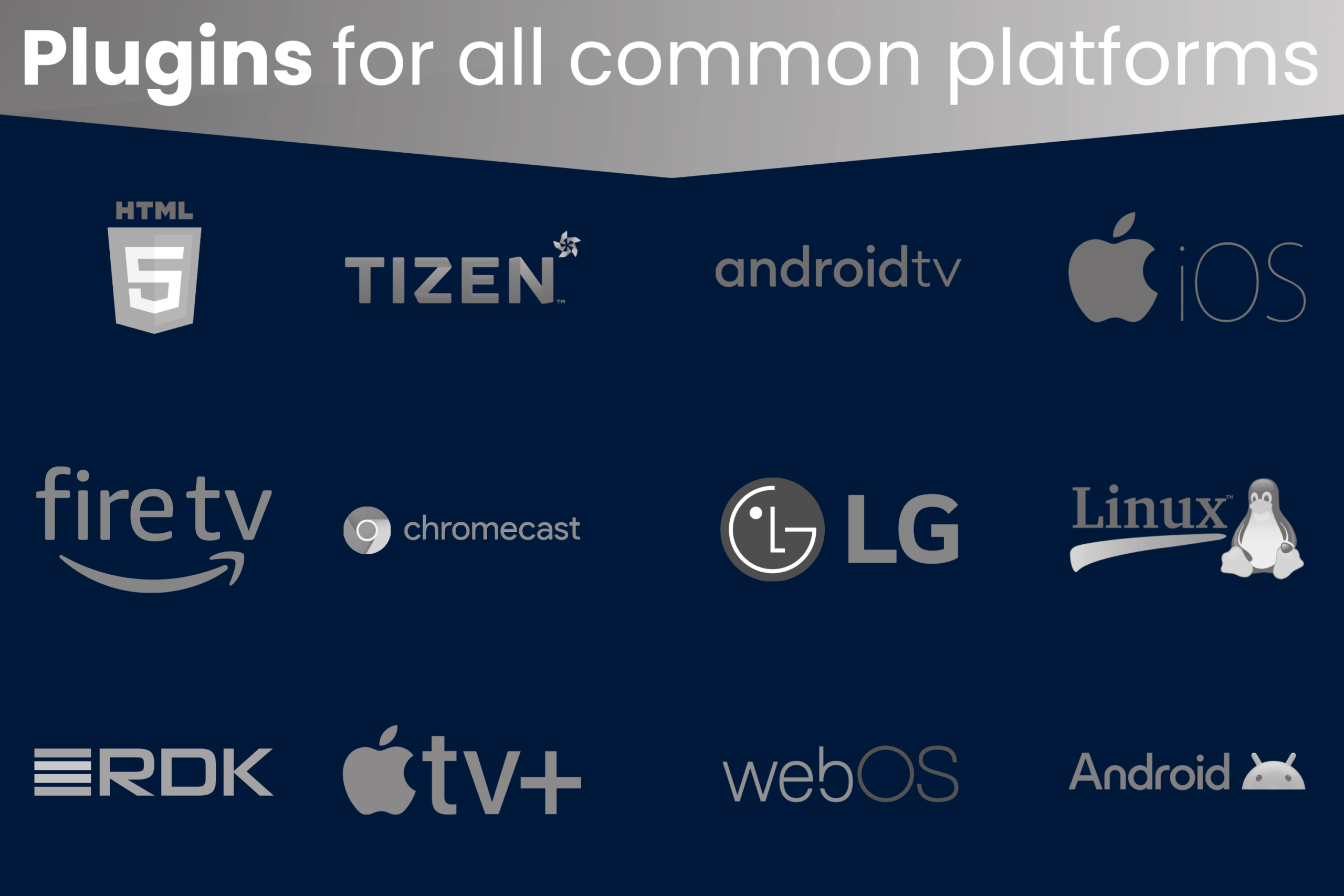 Some plugin partners to Agama are Android, Android TV, Chromecast, Fire tv, HTML5, ios, LG, Linux, Apple TV +, RDK, Tizen, WebOs